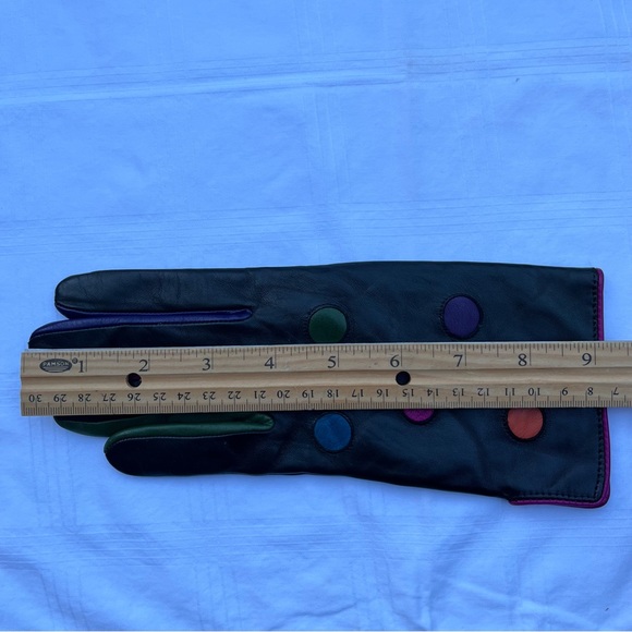 Vintage Black Leather Gloves Polka Dot with Hot Pink Trim - Picture 8 of 10